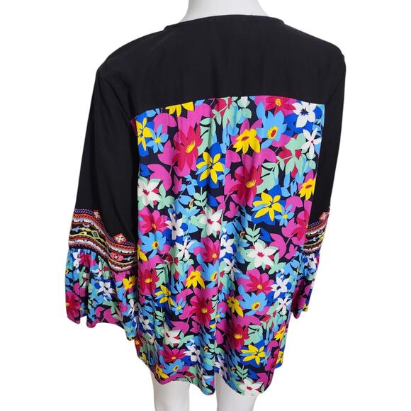 Calessa Womens Black Embroidered Bell Sleeve V-Neck‎ Peasant Tunic Top Size L - Picture 11 of 11